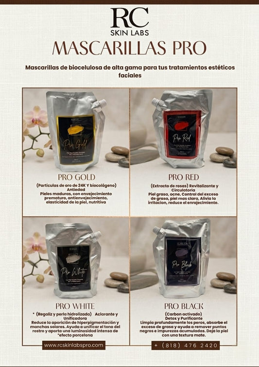 PRO Biocellulose Masks – Pro Gold, Pro Red, Pro White, Pro Black / Mascarillas PRO de Biocelulosa RC Skin Labs – Pro Gold, Pro Red, Pro White, Pro Black